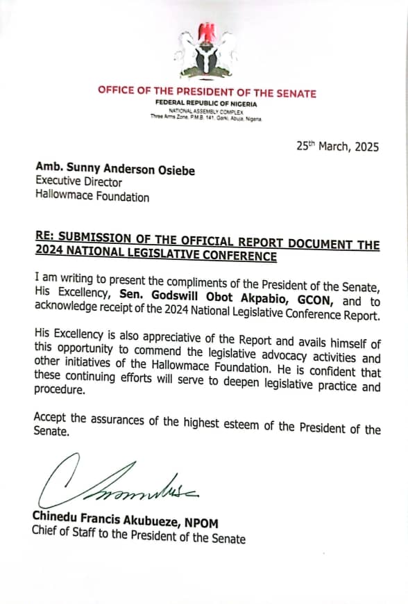 HALLOWMACE FOUNDATION RECEIVES PRESTIGIOUS COMMENDATIONS FROM NIGERIA’S SENATE AND HOUSE OF REPRESENTATIVES